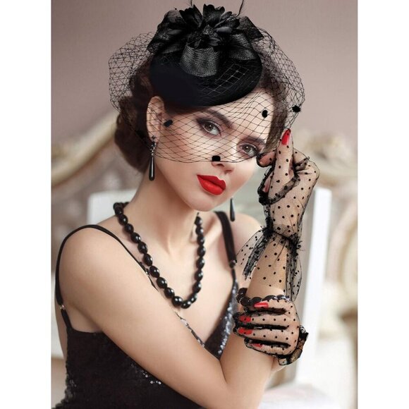 Fascinator Hat for Women Lace Gloves Black Veil for Tea Party Wedding Party main image 6